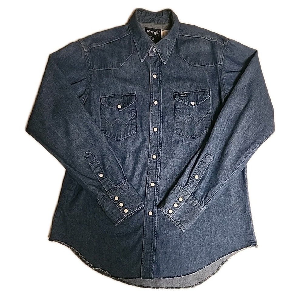VTG 80s 90s Wrangler Mens Blue Denim Pearl Snap Shirt 17-36 Western Cowboy USA